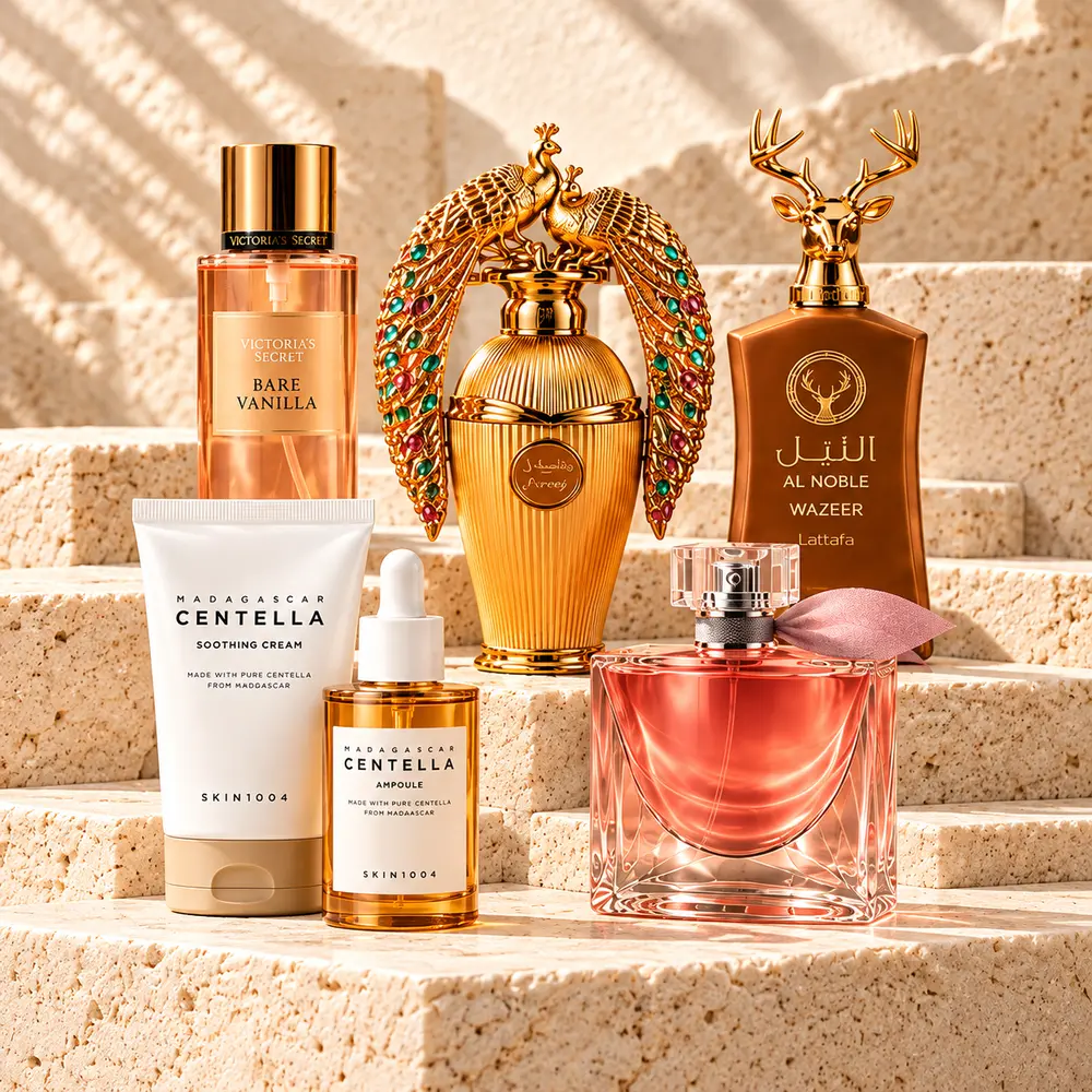 Bare Vanilla, perfume do pavão, Al Noble Wazeer, La Vie Est Belle e cuidados Centella sobre pedra marfim
